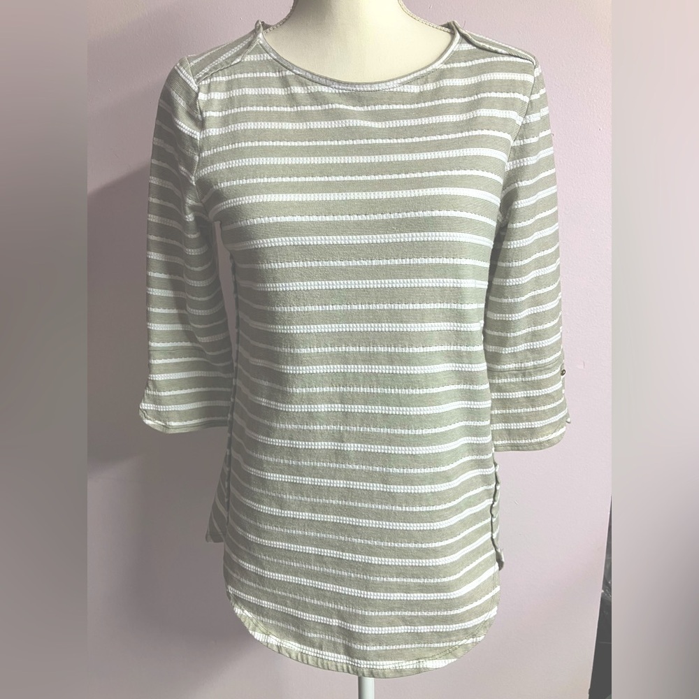 Chico’s Zenergy Women’s Top/Tunic, Size 0, Celery Green/White Stripes, 3/4 Sl